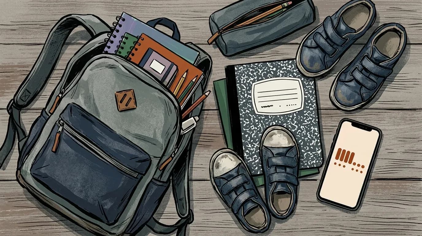Illustration of a school backpack, notebooks and childrens shoes laid out beside a phone showing an abstract payment installment progress bar