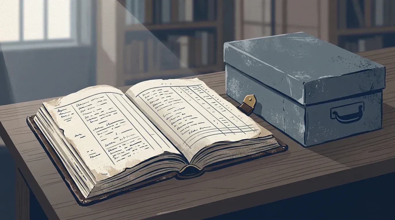 An open historical ledger and an archive box on a desk in soft light, an illustration of old corporate records brought into public view