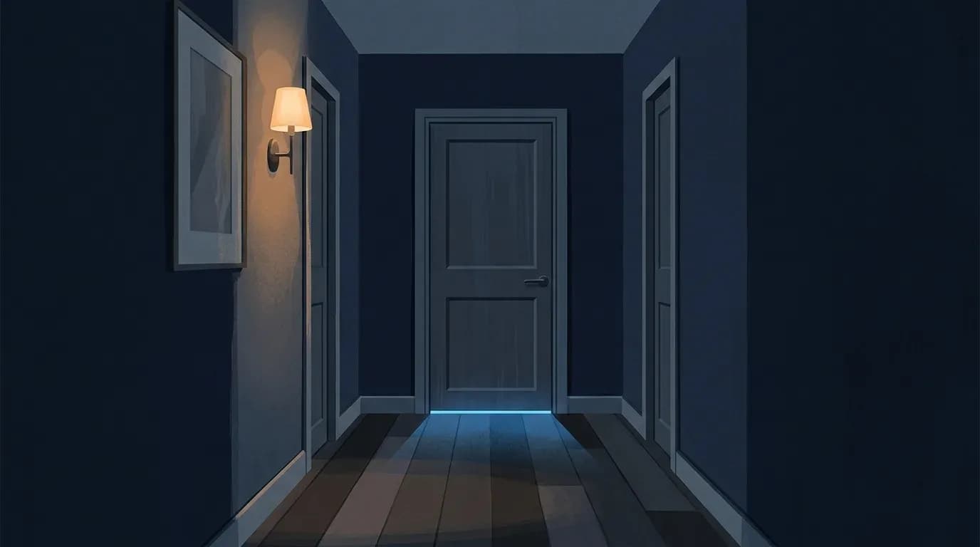 Illustration of a closed bedroom door at night with blue screen light showing under it
