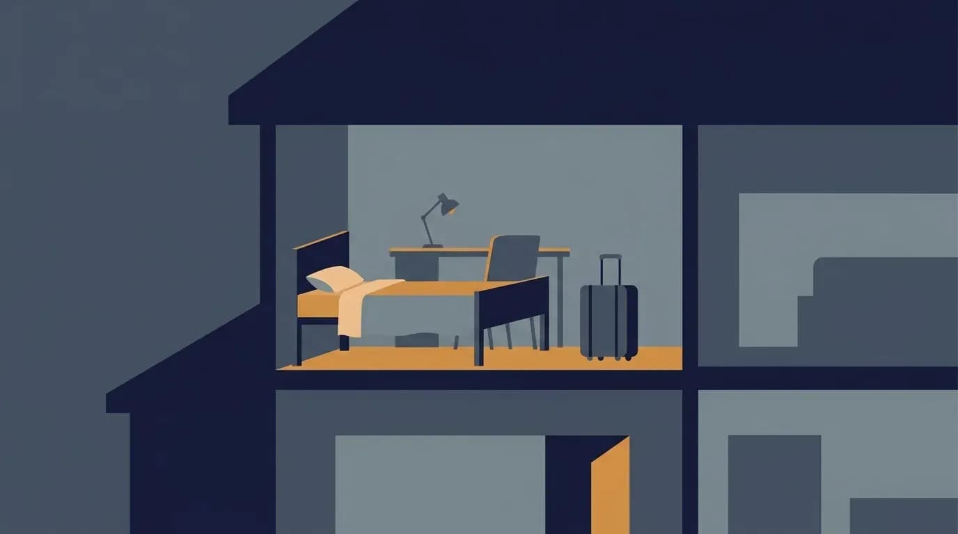 Illustration of a house shown in cross-section with a small upstairs bedroom holding a single bed, a desk and a packed suitcase