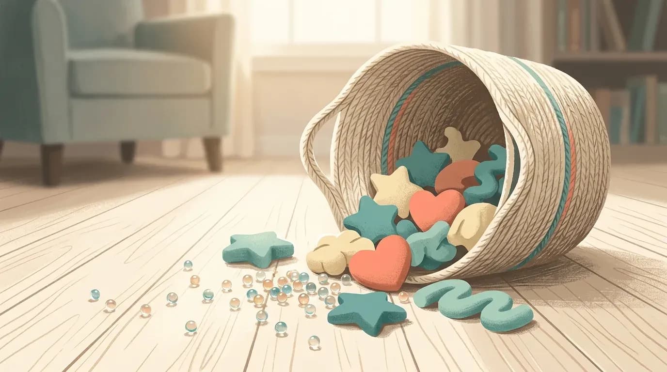 Illustration of a tipped toy basket with soft squeeze toys and small gel beads scattered across a wooden floor.