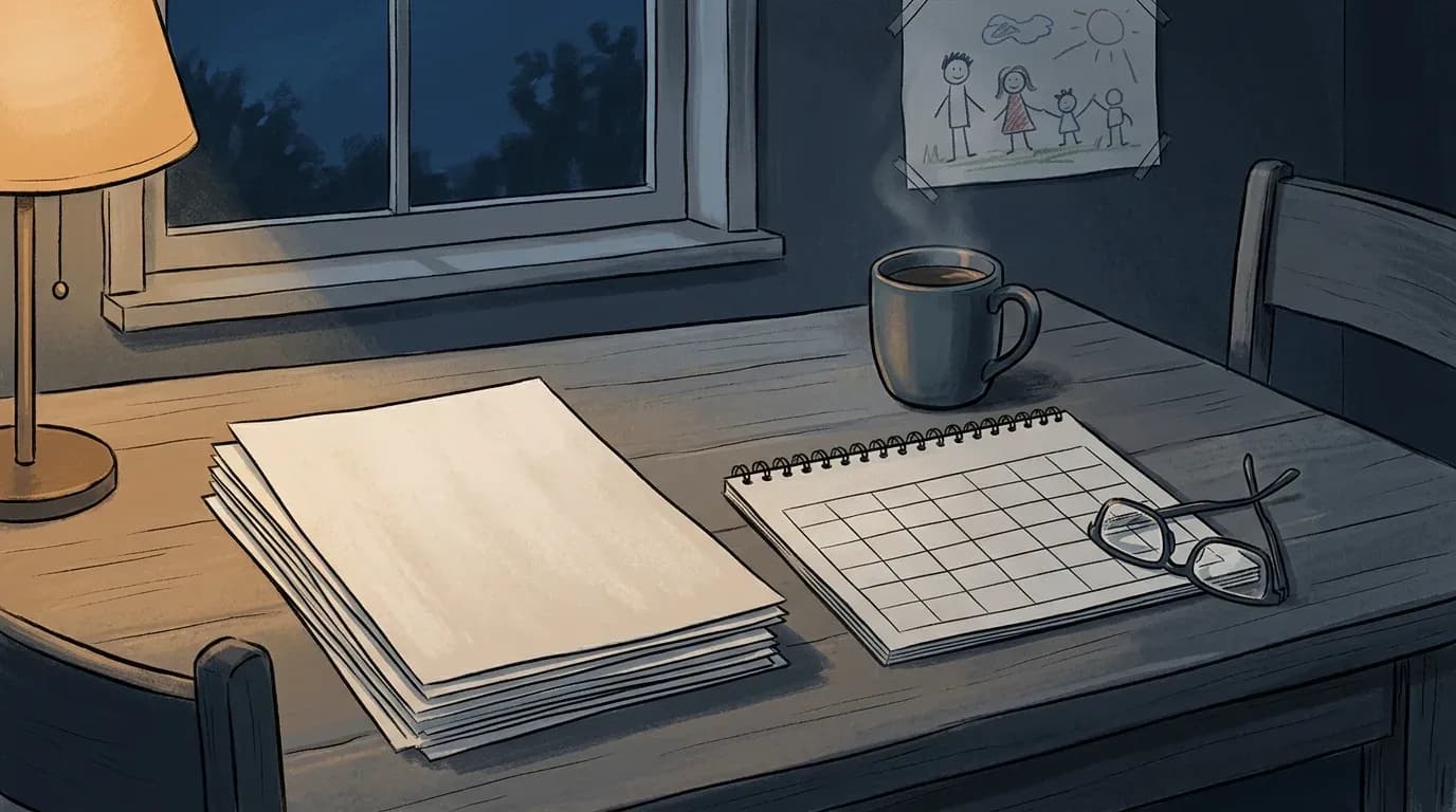 Illustration of a kitchen table at night with a stack of blank forms, a paper calendar, a mug and reading glasses, with a child drawing pinned to the wall behind.