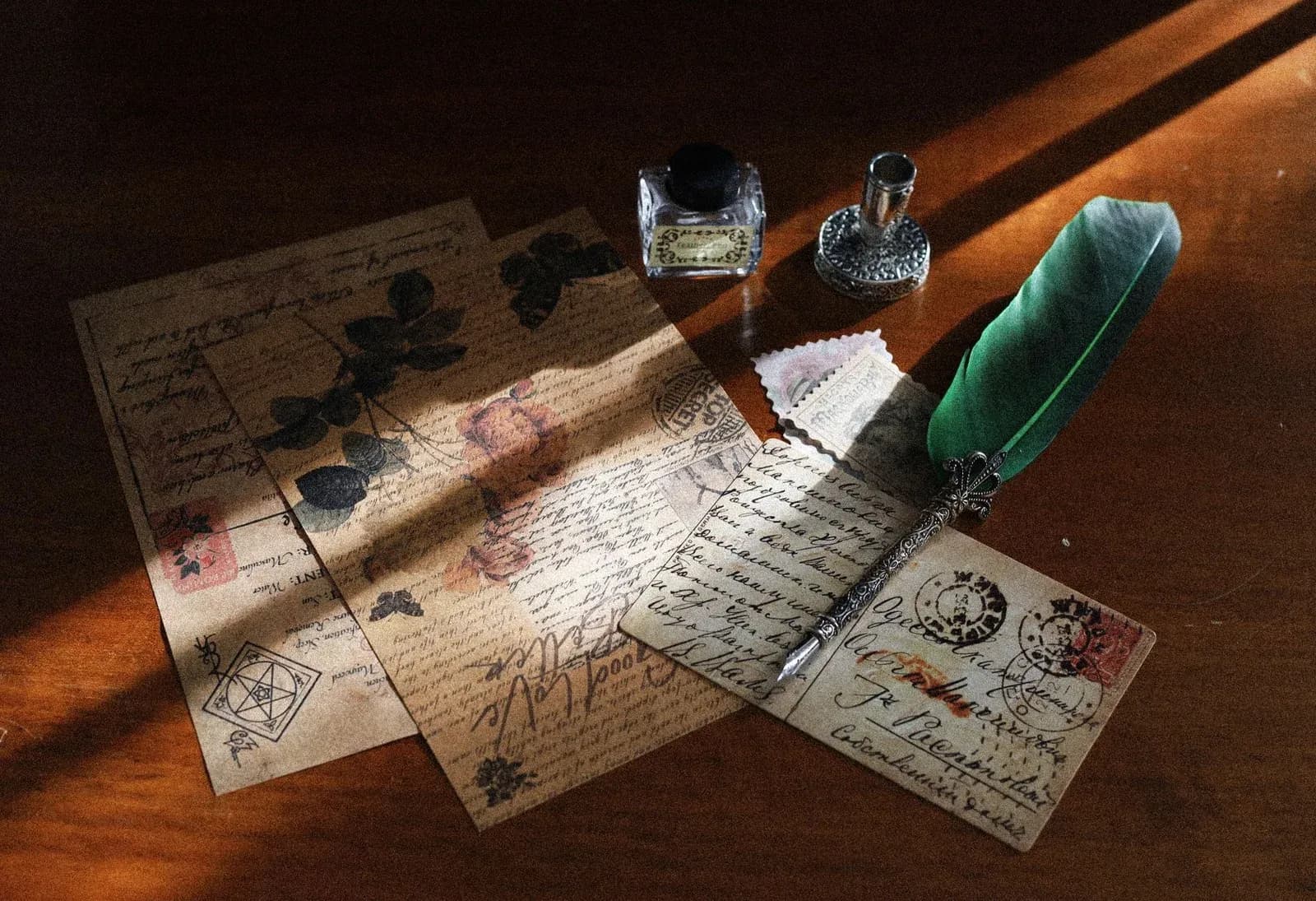 Old handwritten letters and postcards on a wooden desk beside a green quill and two inkwells.