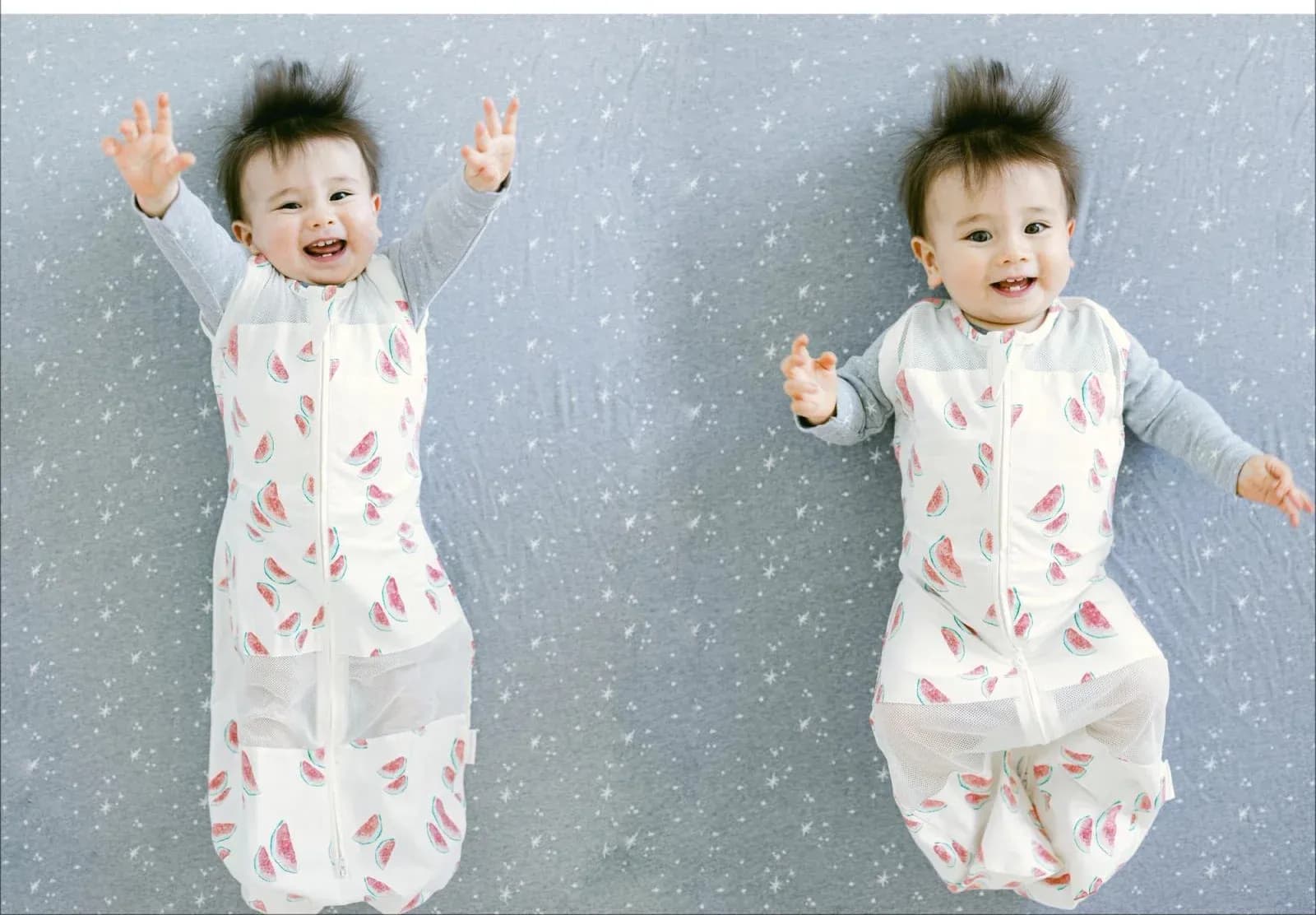 A baby lying on a star print sheet wearing a SNOO Sack with mesh side panels and a front zip.