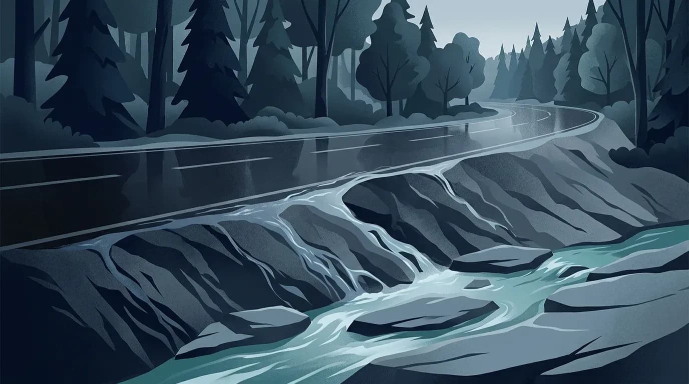 Illustration of rainwater running off a forest road into a rocky stream