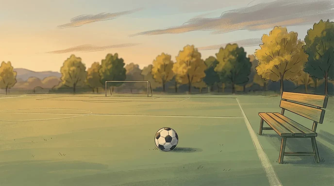 Illustration of an empty youth soccer field at golden hour with a ball on the grass and an empty bench at the sideline