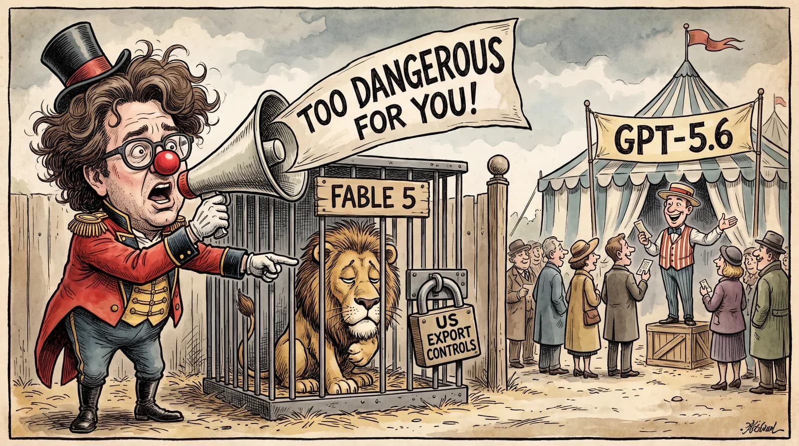 Editorial cartoon: Anthropic CEO Dario Amodei as a circus ringmaster shouting 'Too dangerous for you!' at a caged lion labelled Fable 5 under a US Export Controls padlock, while a rival barker sells GPT-5.6 tickets
