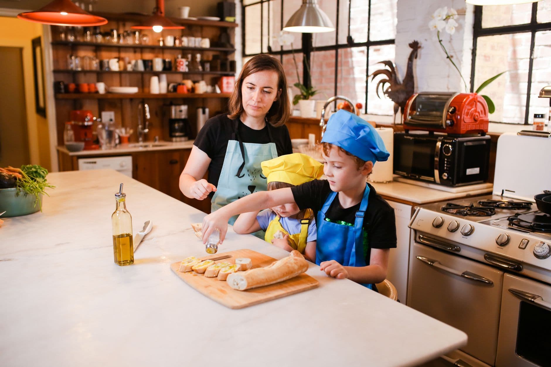 A mother and her children baking in a cozy kitchen, fostering family time.