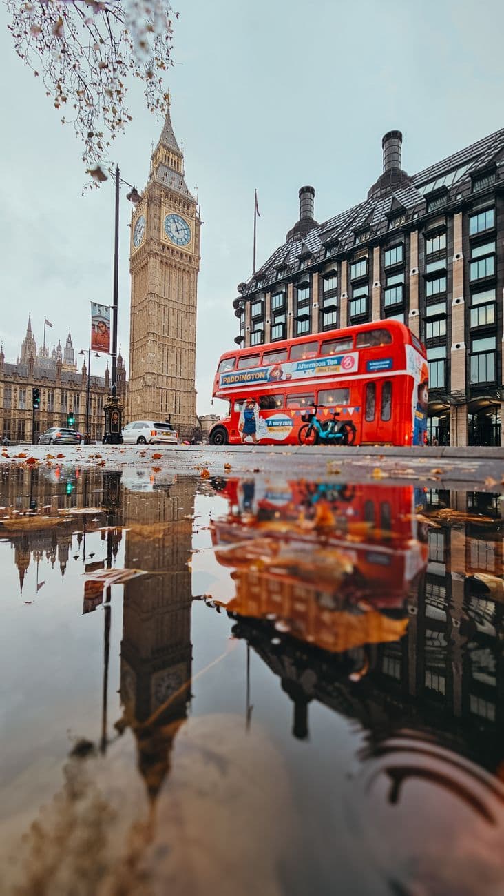 Big Ben and red double-decker bus reflected in a London puddle, capturing the essence of the city.