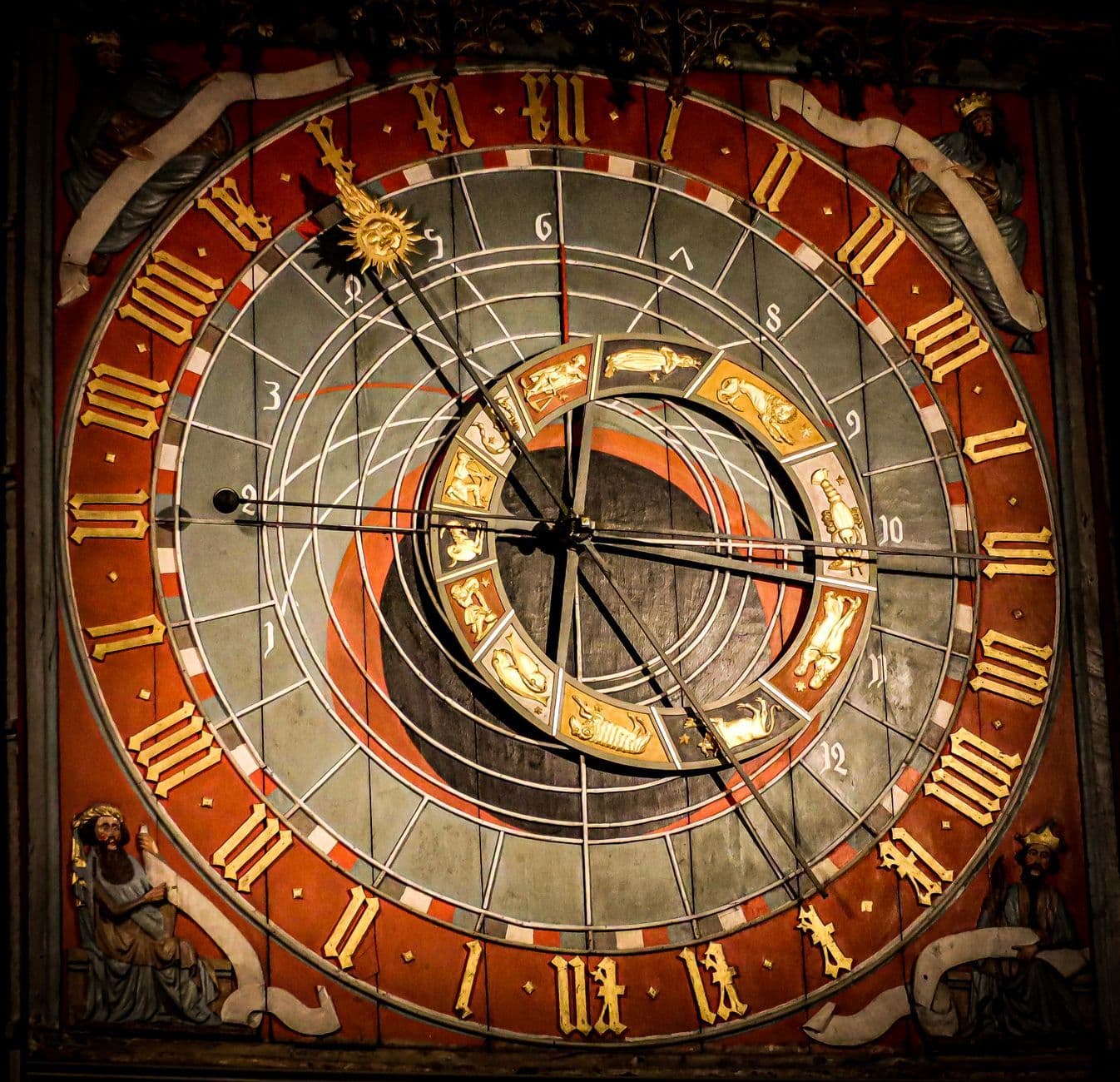 Detailed view of the astronomical clock with zodiac symbols in Lund Cathedral, Sweden.