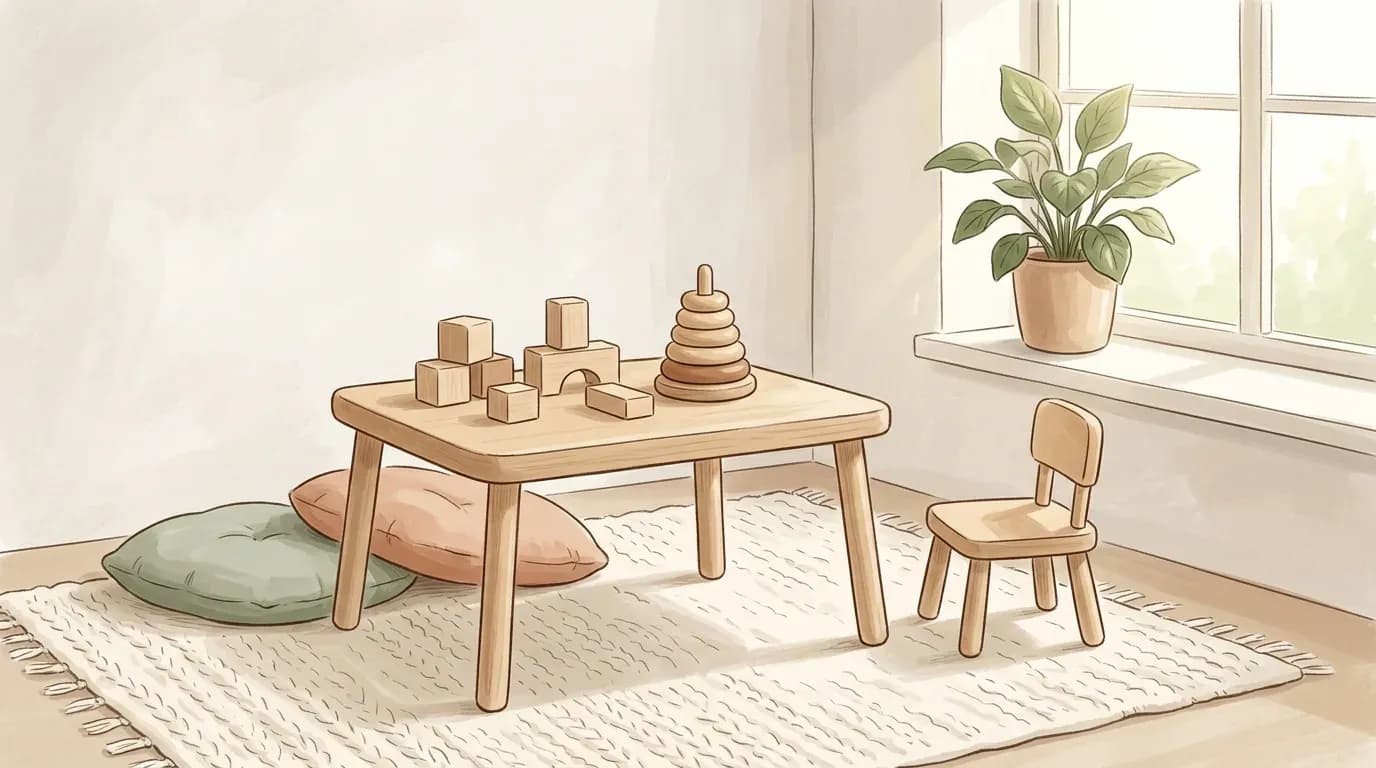 Illustration of a childs play corner with a small wooden table, plain wooden blocks, a stacking toy and a small chair by a sunlit window