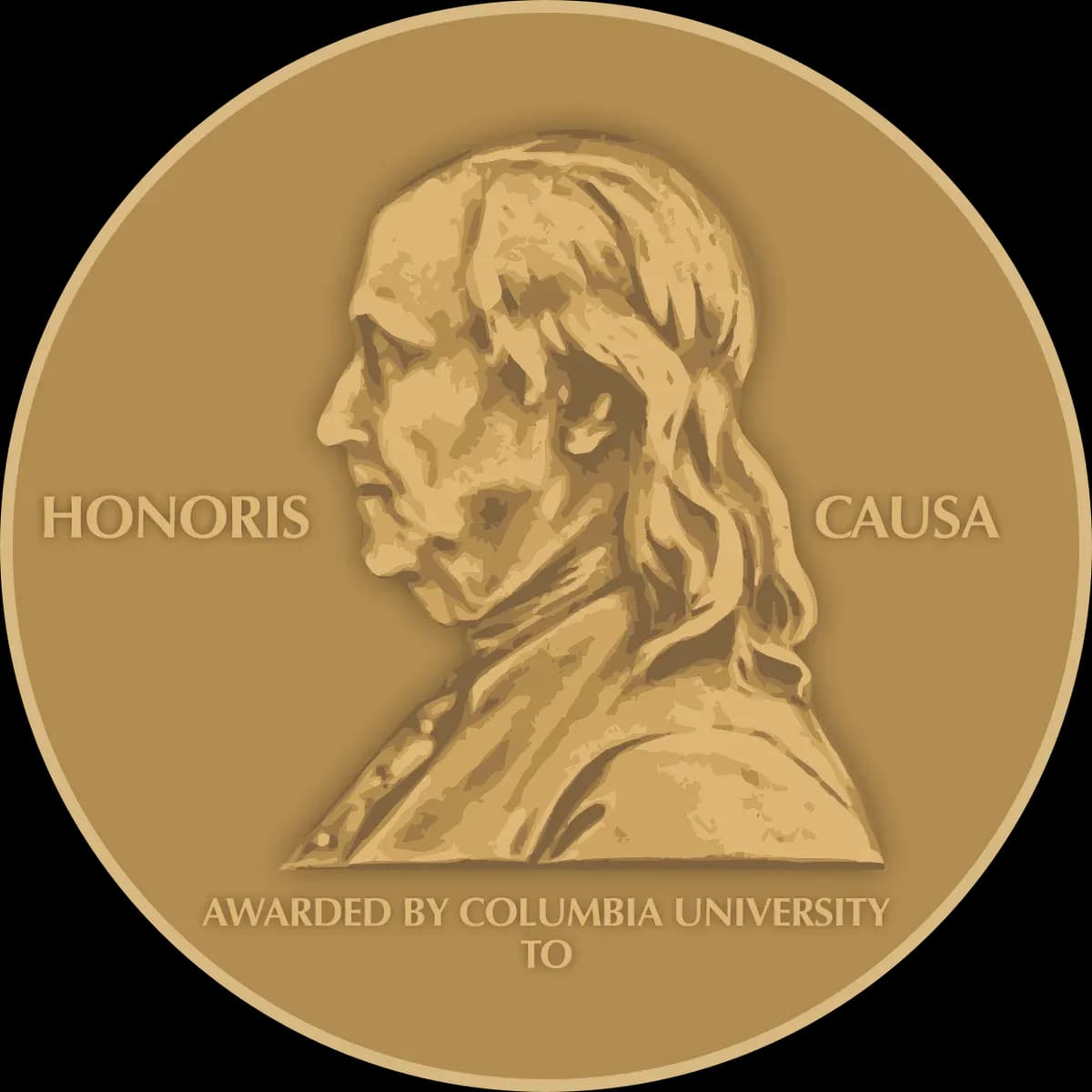 The gold Pulitzer Prize medal, showing Benjamin Franklin in profile with the words Honoris Causa.