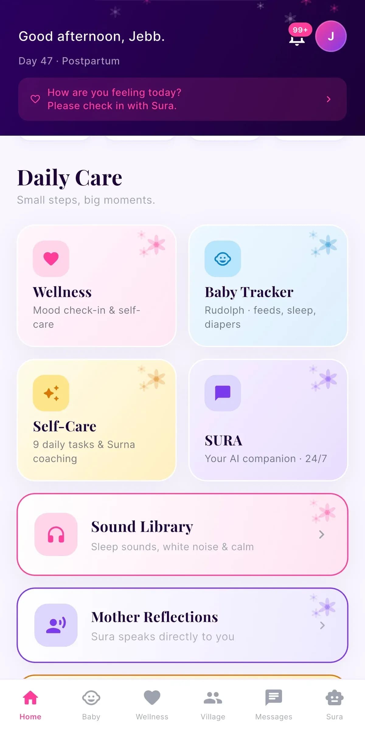 SurnaCare home screen with Daily Care modules including Wellness, Baby Tracker, Self-Care, SURA, Sound Library and Mother Reflections