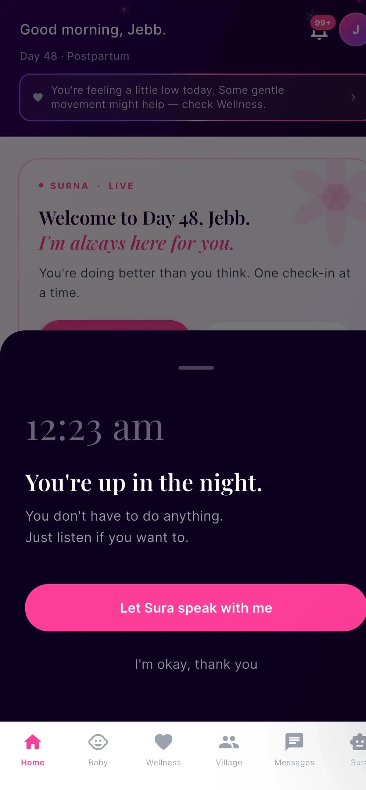 SurnaCare night screen at 12.23am telling a mother she does not have to do anything