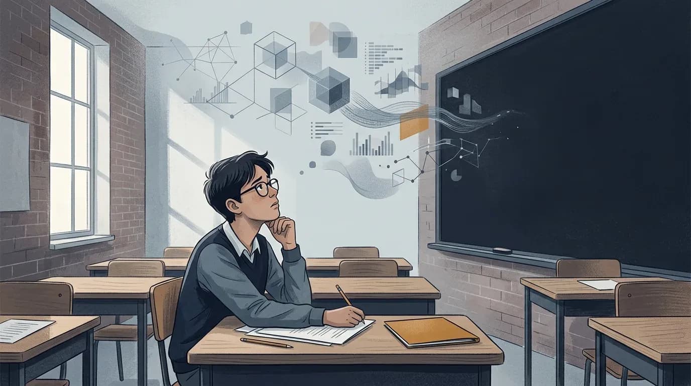 Illustration of a teenage student sitting at a classroom desk with pencil in hand, resting their chin on one hand and looking up at abstract floating shapes and network diagrams.