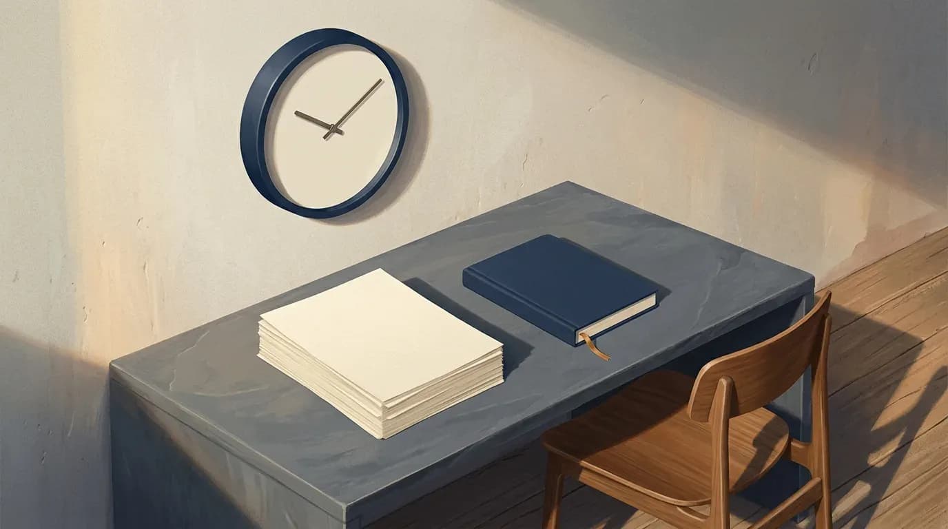 Illustration of a wall clock above a slate desk holding a stack of blank paper and a closed notebook, with an empty wooden chair pulled away in warm daylight.